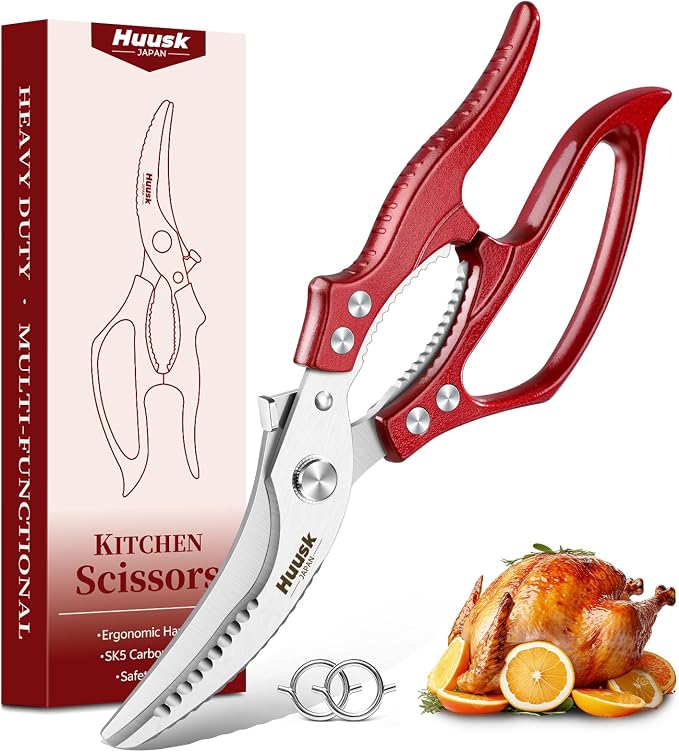 Huusk Poultry Shears Heavy Duty – All Purpose Japanese Kitchen Scissors | SK5 Steel Kitchen Shears for Meat, Fish, Vegetables, Chicken Bones, Turkey, Ergonomic Non-Slip Red Handle, Gifts for Women