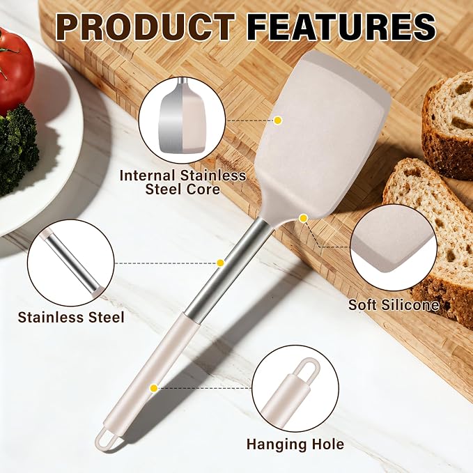 5Pcs Silicone Cooking Utensils Set, Heat Resistant Kitchen Tools Include Solid&Slotted Spatula, Cooking Spoon and Pasta Server, Silicone Kitchen Utensils set for Nonstick Cookware Flipping, Khaki