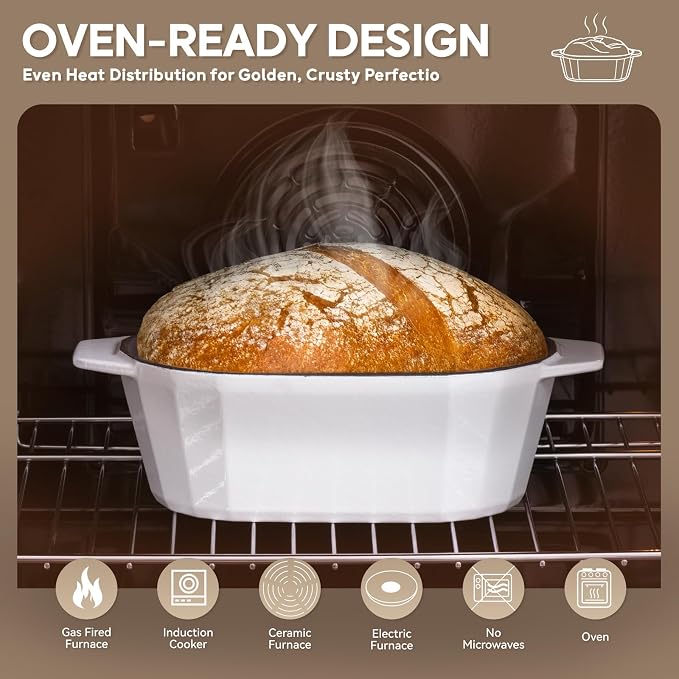 Enameled Cast Iron Dutch Oven for Bread Baking – 3QT Oval Round Heavy Duty Bread Pan with Lid, Non-Stick Ceramic Coating,Loaf Cast Iron Bread Oven for Sourdough, Baking, Roasting, Braising, Stovetop & Oven Safe