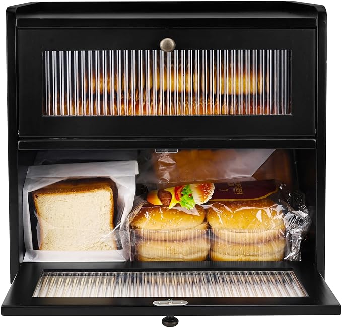 Alpeir Wooden Bread Box for Kitchen Countertop, Large Double Layer, Black | Food-Safe Pine Wood, Double-Row Ventilation, Strong Acrylic Window, Raised Top Shelf, Easy Care, Farmhouse Corner Container