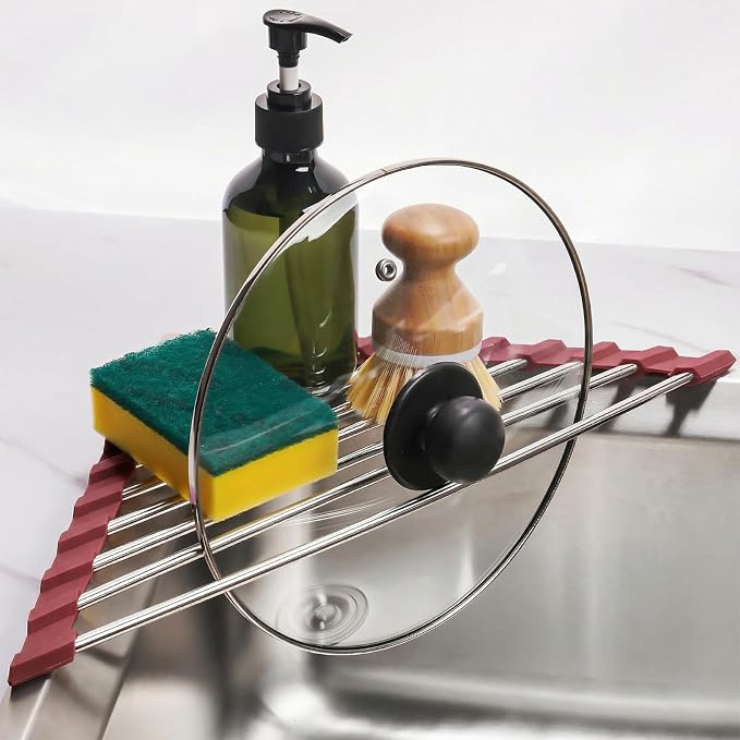 Tomorotec Triangle Roll Up Dish Drying Rack 304 Stainless Steel Wine Red | BPA-Free Food-Grade Silicone Edges Foldable Waterproof Rustproof Heavy-Duty Space Saver Heat Resistant to 550°F