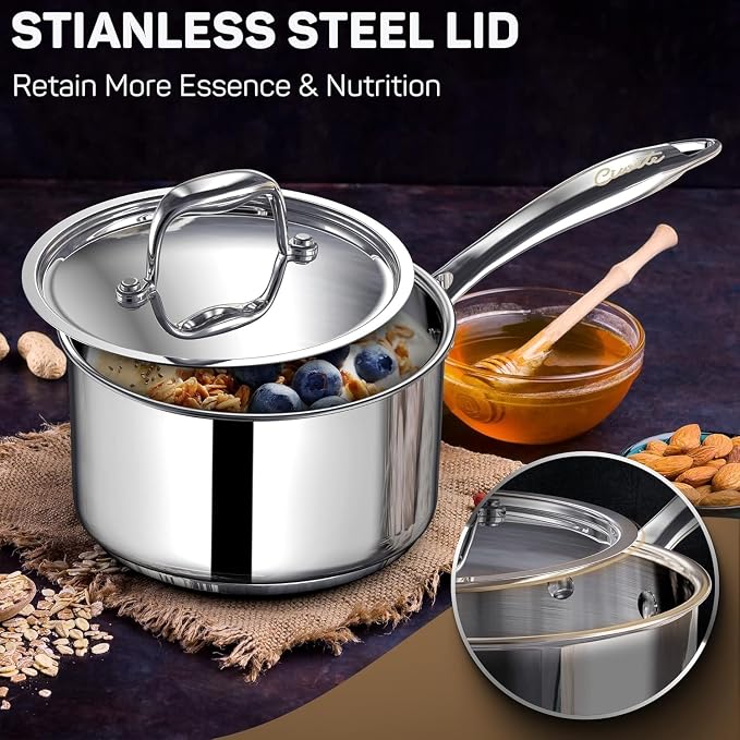 Ciwete 2 Quart Sauce Pan with Lid, Tri Ply Stainless Steel Saucepan 2 Qt with Stainless Steel Lid, 2 Measuring Lines, Upgraded Packaging, Cool Ergonomic Handle, Dishwasher & Oven Safe