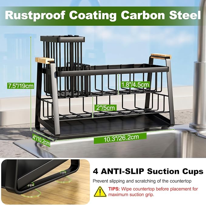 Housolution 2-Tier Sponge Holder for Kitchen Sink Caddy with Brush Holder | Auto-Draining, Suction Cups, Wooden Handle , Kitchen Sink Countertop Organization Storage, Dish Soap Holder, Rustproof, Black