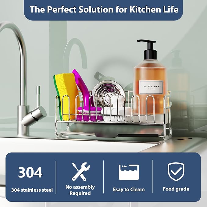 KABUM 304 Stainless Steel Sponge Holder for Kitchen Sink(8.27x2.95x3.43) | Compact Sink Caddy with 4 Non-Slip Silicone Pads, Easy to Clean Rustproof 304 Steel, Kitchen Essentials, No-Tools Design