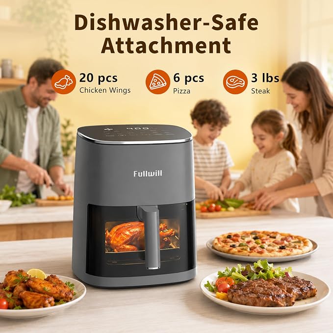 Fullwill 6QT Air Fryer, view window, 12-in-1: air fry, roast, bake, dehydrate. Nonstick, DW-safe basket. Max 400°F, 1700W. Darkgray. For parties.