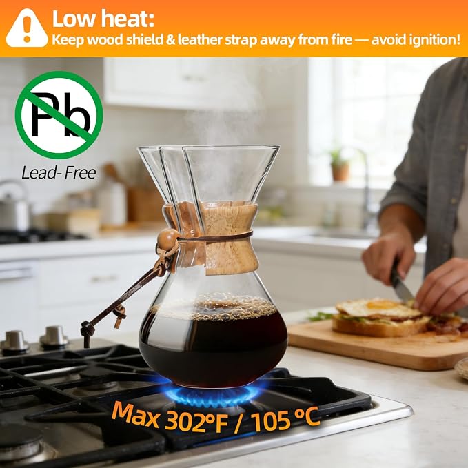Pour Over Coffee Maker 34 OZ, 10 Cup Borosilicate Glass Drip Coffee Maker with Reusable Stainless Steel Filter and Cork Grip for Home Café 1000 ML