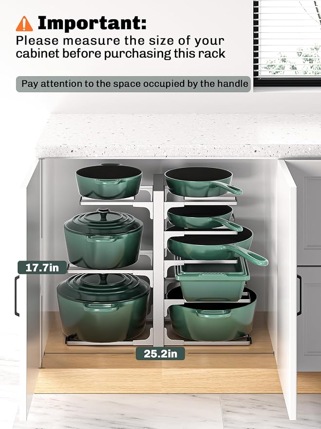 MUDEELA 8-Tier Heavy Duty Pots and Pans Organizer, 15.83" H Sliver | Adjustable pot rack, Holds frying pans and cast iron skillets, Heavy-duty steel. Fits under cabinet, Easy Assembly