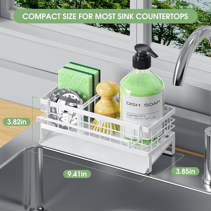 Kitchen Sink Caddy, Rustproof Self-Draining Sponge Holder, White | Metal Kitchen Caddy Sink Organizer, Detachable Dish Cloth Holder, Non-Slip Base, Kitchen Countertop Storage Accessories