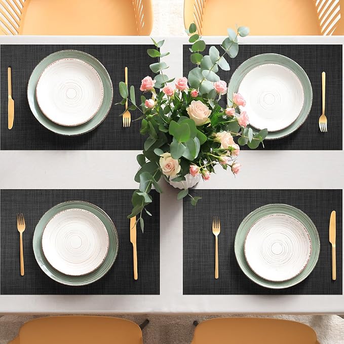 AUAUY Placemats Set of 6 Washable, Non-Slip Heat Resistant Table Mat, Black | 6pcs PVC Vinyl Woven Table Placemats Wipeable for Kitchen Dinning Restaurant, Farmhouse