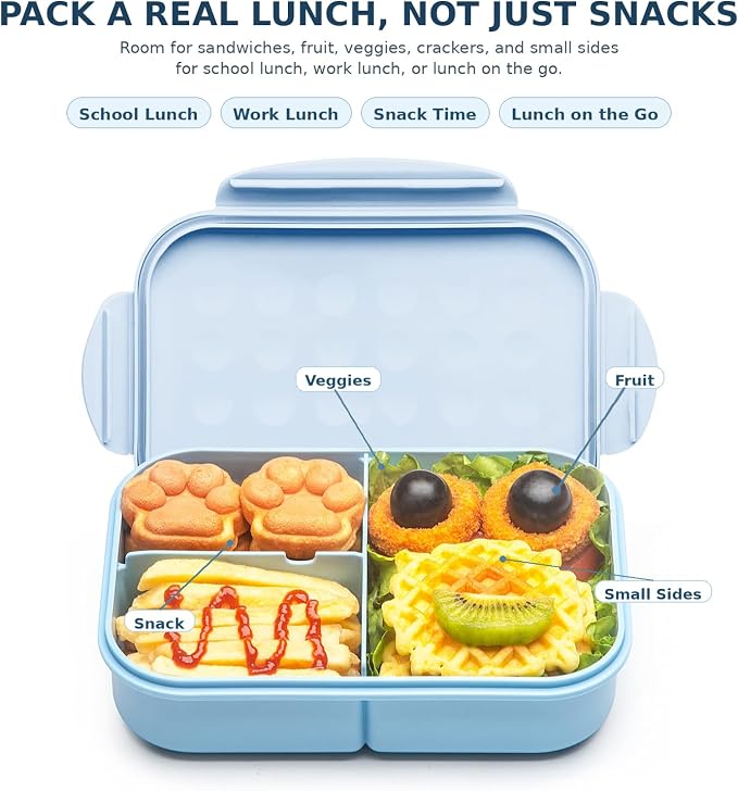 MISS BIG® Kids Bento Lunch Box, 1150ml 3 Compartments, Blue | Blue kids bento lunch box for school, daycare, and snack time