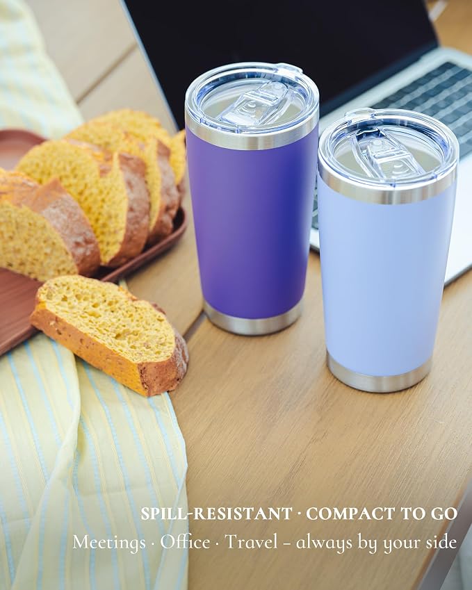 20oz Travel Coffee Tumbler 8 Pack, Lids and Straws, Stainless Steel | Double Wall Vacuum Insulated Tumbler, Coffee Mug for Hot & Cold Drinks, Fits Most Car Cup Holders, Purple