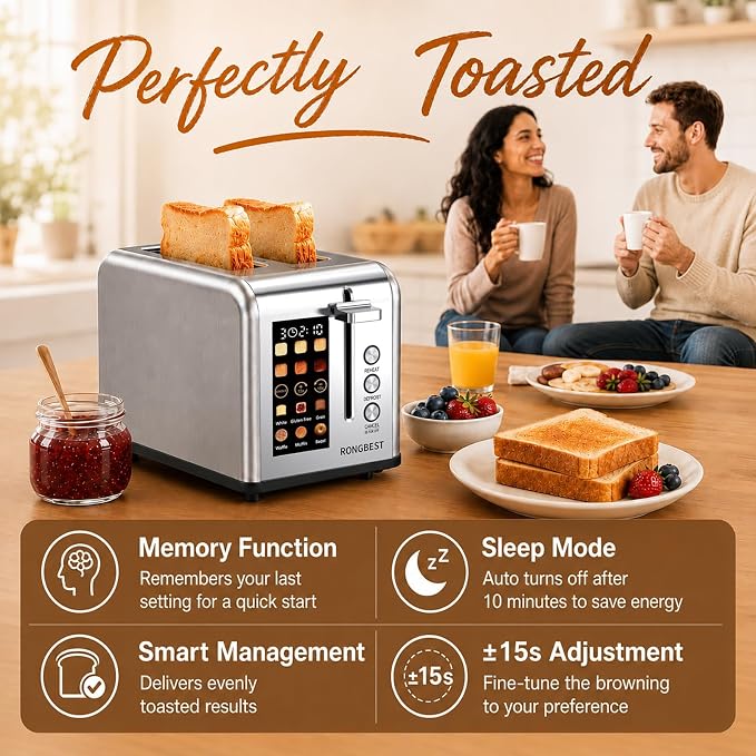 2 Slice Touch Screen Toaster with Wide Slots, Single Slice Mode, Silver | Stainless Steel, Toast Bagel & Bread for Family Breakfast, Digital Touchscreen, ±15s, Reheat & Defrost, Removable Crumb Tray