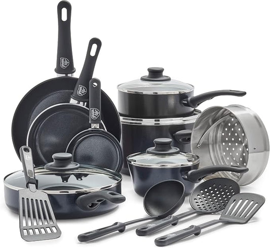 GreenLife 16 Piece Ceramic Nonstick Pots & Pans Cookware Set, Black | PFAS-Free Nonstick Coating, Stockpot, Frying Pans, Saucepans, Sauté Pan, Stay-Cool Handles, Dishwasher & Oven Safe up to 350F