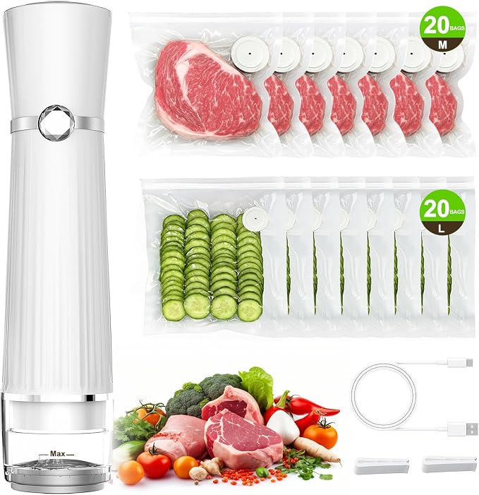 Vacuum Sealer for Food with 40 Bags, 80Kpa Food Sealer for Kitchen | 2000mAh Rechargeable&Portable, Handheld Vacuum Sealer Machine for Meal Prep Food Storage to 10X Preservation & Fresh