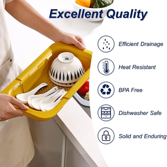 Extendable Sink Colander Strainer Basket - Wash Vegetables and Fruits, Drain Cooked Pasta and Dry Dishes - Adjustable Over the Sink Colander Collapsible Drainer Basket - Yellow