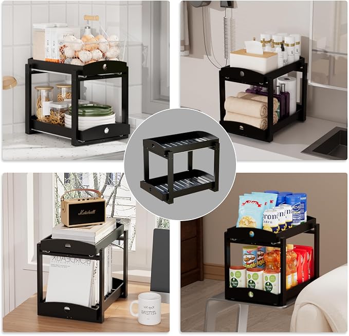 2 Pack Bamboo Under Sink Organizer, 2-Tier Sliding Drawers for Cabinets | Pull-out drawers keep cleaners and tall bottles visible, organized and easy to reach in kitchen or bathroom cabinets