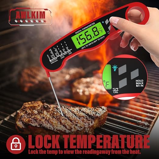 AWLKIM 2 Pack Meat Thermometer Digital, Instant Read Food Thermometer, Red | Waterproof cooking thermometer with doneness chart, backlight, F/C switch for BBQ, candy, oil