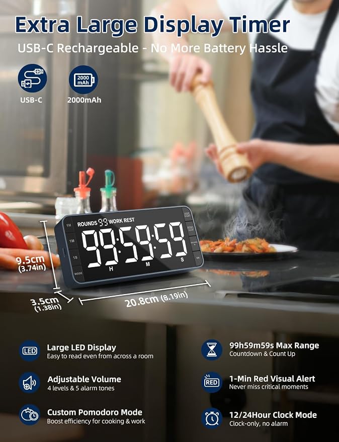 Large 7.8" Digital Timer with LED Display, Magnetic for Kitchen & Classroom | USB-C Rechargeable Timer with 99-Hour Count Up & Countdown, 3 Brightness Levels, 5 Alarm Sounds, 4 Volume Levels for Study