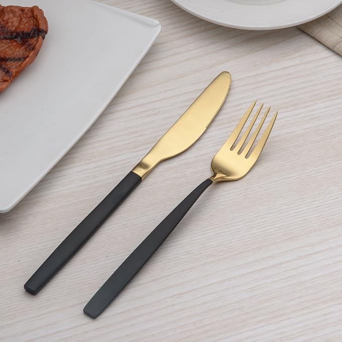 Berglander 20 Piece Titanium Black And Golden Plated Stainless Steel Flatware Set, Handle With Mouth Silverware Set And Cutlery Set Service for 4 (Shiny Black,Shiny Golden)