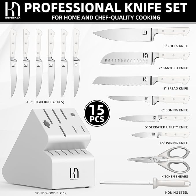 KnifeSaga 15-pc Japanese Kitchen Knife Block Set, Razor Sharp, Professional | Innovative Steel, High Carbon Stainless, Enduring Sharpness, Ergonomic Handle, Quality Acacia Wood Block, Full-tang, Gift Box