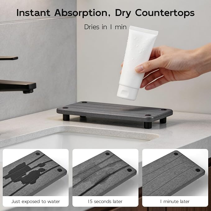 Water Absorbing Stone Sink Tray, 11.8" Diatomite Tray for Kitchen Bathroom Vanity, Fast Drying Stone Drying Caddy for Soap Dispenser, Sponge Holder with Wavy Groove Design