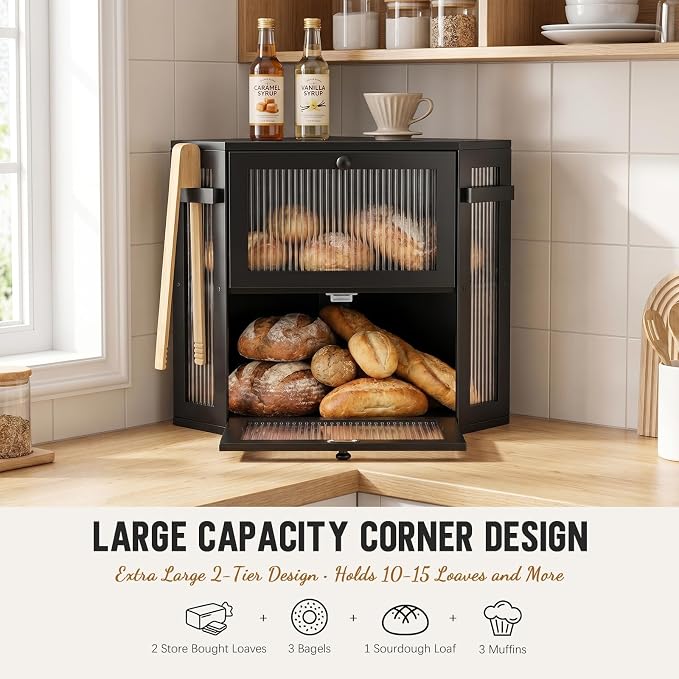 Corner Bread Box for Kitchen with Bread tongs,Black | Bamboo Bread Box For Homemade Bread Storage,Double Layer Corner Bread Box For Kitchen Countertop