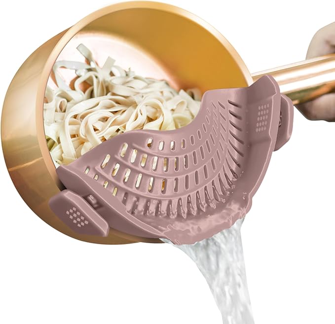 AUOON Pasta Strainer Clip on Silicone, Standard 8.86 x 3.55 in, Almond Rose | BPA-free, Fits All Pots Pans Bowls, Dishwasher Safe, for Meat Noodles Vegetable Fruits, Space-saving Kitchen Gadget