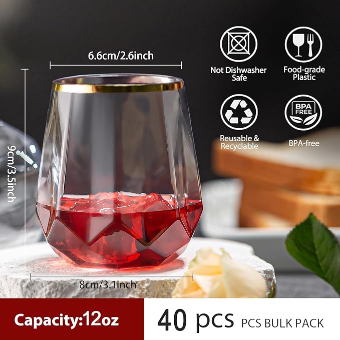 Oojami 40 Pack Disposable Plastic Wine Glasses 12oz Gold Rim - Diamond | Stemless Cocktail Glasses, Champagne Whiskey Wine Cups, BPA-Free Shatterproof Unbreakable Reusable Recyclable, Wedding Party