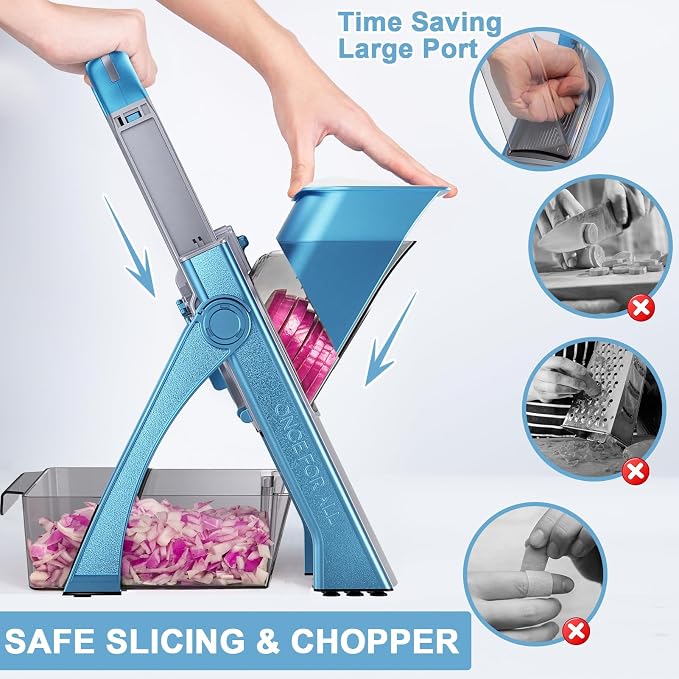SupMaKin Upgrade Safe Mandoline Slicer Plus, Vegetable Chopper, Potato Slicer, Food Slicer Onion Chopper, Fry Cutter, Veggie Salad Dicer Kitchen Chopping Artifact Gifts (Blue) | 0.1-8mm, Cut Resistant Stainless Steel Blades,Potato Fry Cutter, Onion Cho...