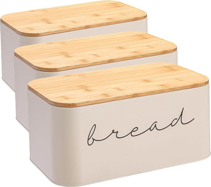 Bloomingville Metal bread Bin with Bamboo Lid, Cream (Pack of 3)
