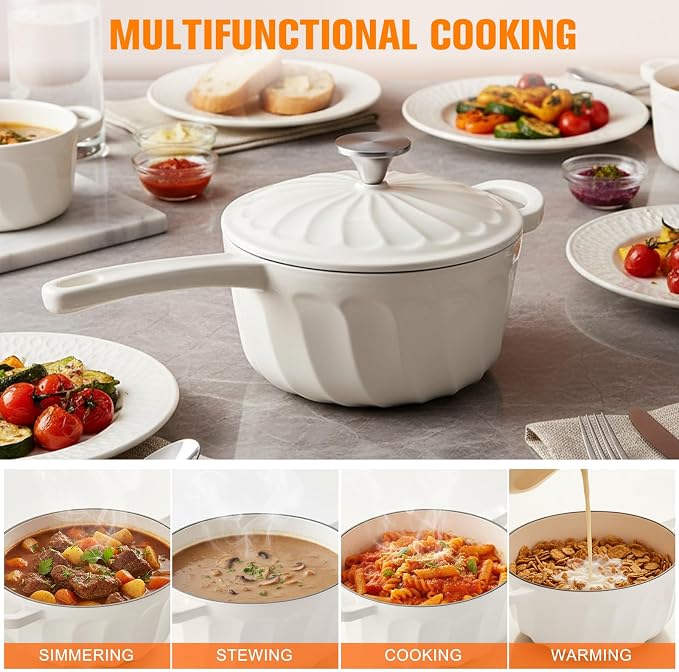 Enameled Cast Iron Sauce Pan with Lid, 2 Quart Saucepan with Lid | Dutch Oven with Lid, Small Cast Iron Pot for Cooking Pasta, Soup, Milk, Induction & Oven Safe Up to 500°F, White