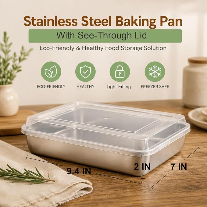 E-far Small Stainless Steel Baking Pan with Lid, 9.4 x 7 x 2 Inch for Cake | Toaster Oven Rectangle Sheet Cake Pans with Cover for Brownies Casseroles, Non-toxic & Heavy Duty, Dishwasher Safe - Set of 2