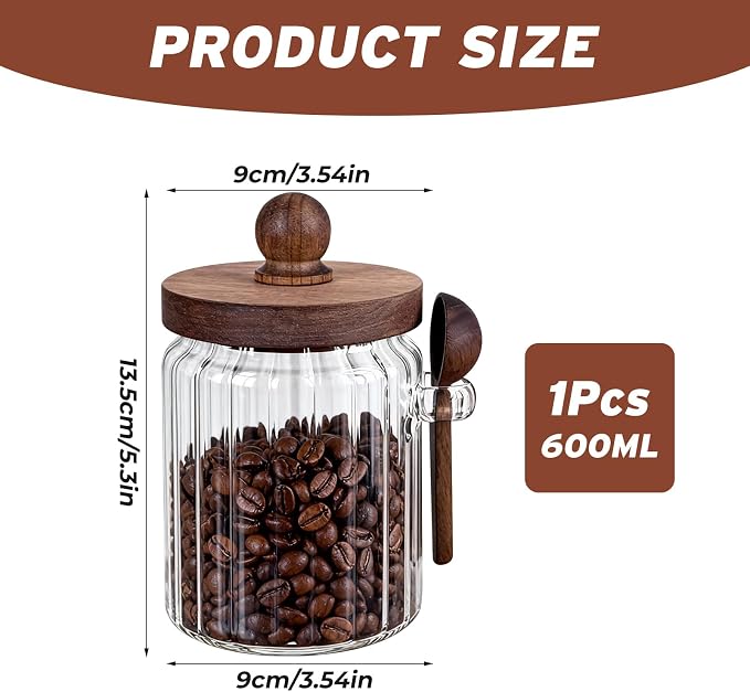 20oz Ribbed Glass Brown Sugar Bowl Wooden Lid Spoon Farmhouse Jar | Farmhouse ribbed glass canister stores coffee, tea, spice & baking goods; decorative kitchen counter food storage container