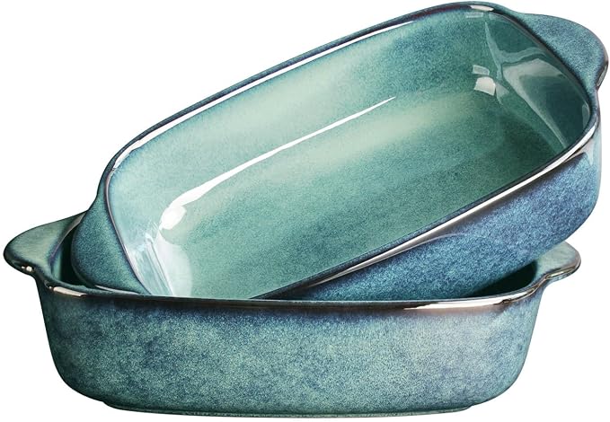 10.0 x 6.5-inch baking pan, 33.8 ounces, rectangular baking pan, ceramic baking pan, cake pan with handle, suitable for lasagna, roasting vegetables/meats, kitchen, dining room, hazy green.