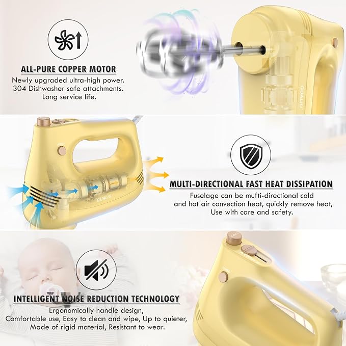 GUALIU Electric Hand Mixer, 304*(2* Beaters, 2* Dough Hooks), (1* Storage Bag) Handheld Mixer for Baking Cakes, Eggs, Cream Food Mixers, Turbo Boost /5 Speed Kitchen Blender YELLOW