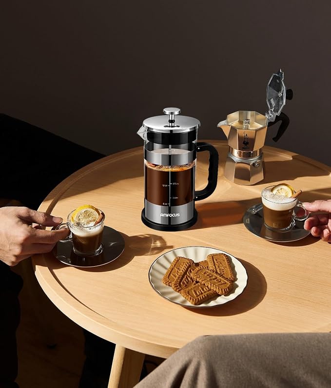 AMFOCUS French Press Coffee Maker, 21OZ, Borosilicate Glass Coffee Press | Thickened Glass Cold Brewer, 4-Level Filtration,Coffee Tea Pot for Kitchen Camping Travel Gifts