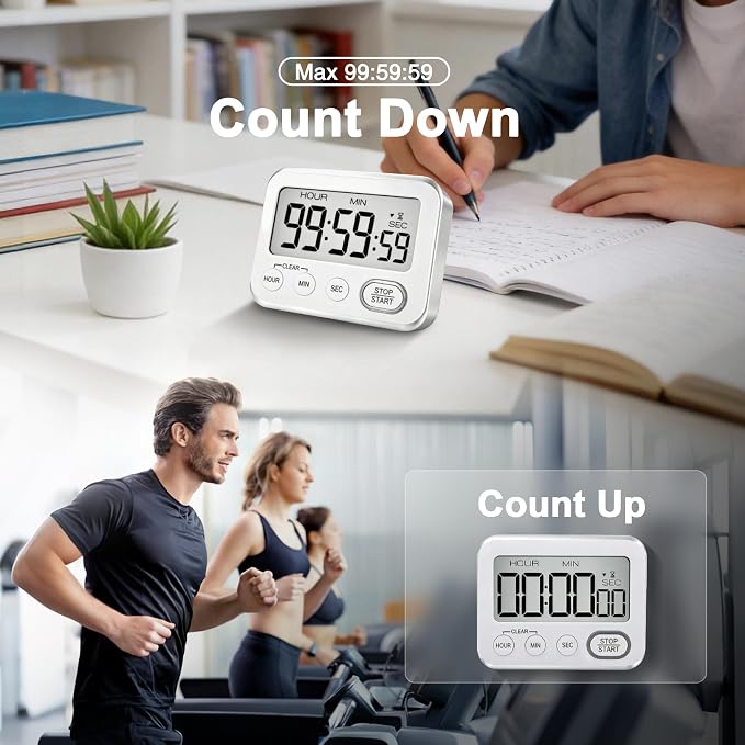 Digital Kitchen Timer Magnetic Loud Alarm, Large LCD Screen Silent/Beeping Multi-Function for Teachers Classroom Kids, Silver