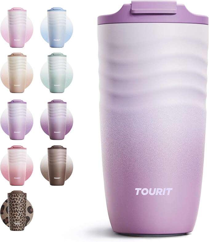 TOURIT 16 oz Insulated Travel Coffee Mug Stainless Steel Tumbler, Lilac | Vacuum insulated travel mug with ripple-wave anti-slip grip, leakproof lid & silicone bottom, fits standard car cup holders