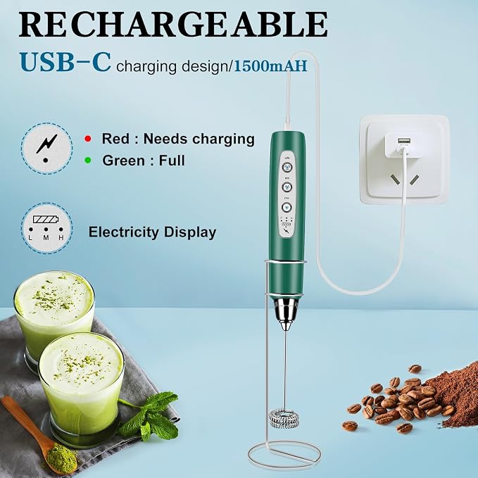 Milk Frother Wand Rechargeable Handheld Whisk Coffee 3 Speed Adjustable | Electric Whisk Drink Mixer with Stainless 3 Whisks Hand Frother , Foam Maker for Latte Cappuccino Matcha Egg Silver