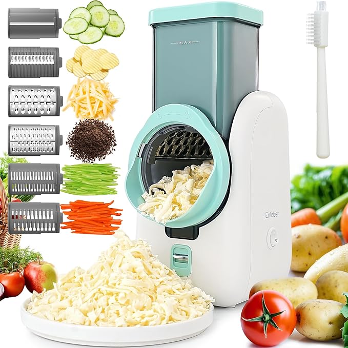 Electric Rotary Automatic Cheese Grater Slicer 6 Stainless Steel Blades | One-Touch Control Shred Cheese Slice Veggies & Grind Nuts, Practical Kitchen Cooking Gadget - White