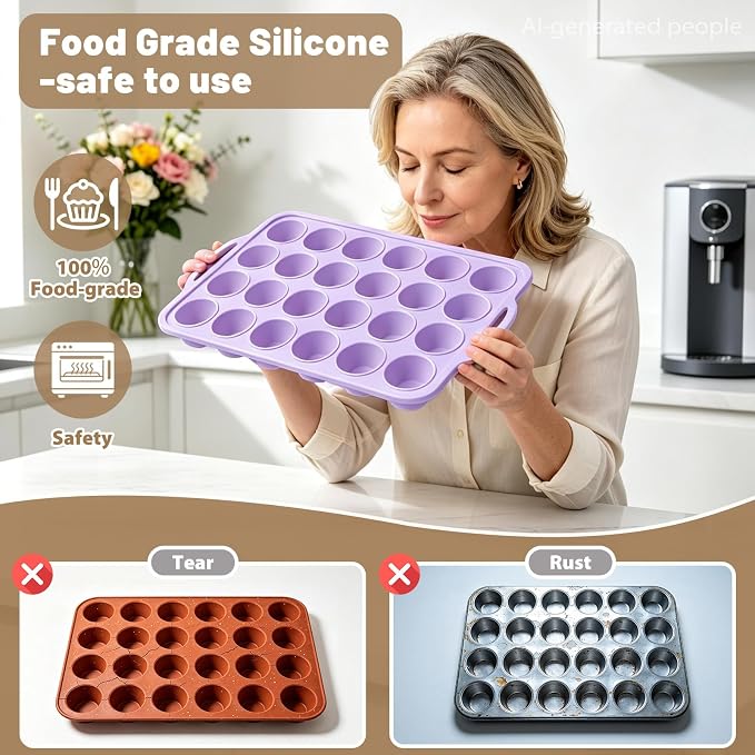 Mini Silicone Muffin Pan with Frame Non Stick Cupcake Tin Baking Mold | Silicone Cupcake Pan with Handles 24 Cup, BPA Free Silicon Muffin Tin Tray Small for Baking, Egg Bites, Cupcake Mold Purple