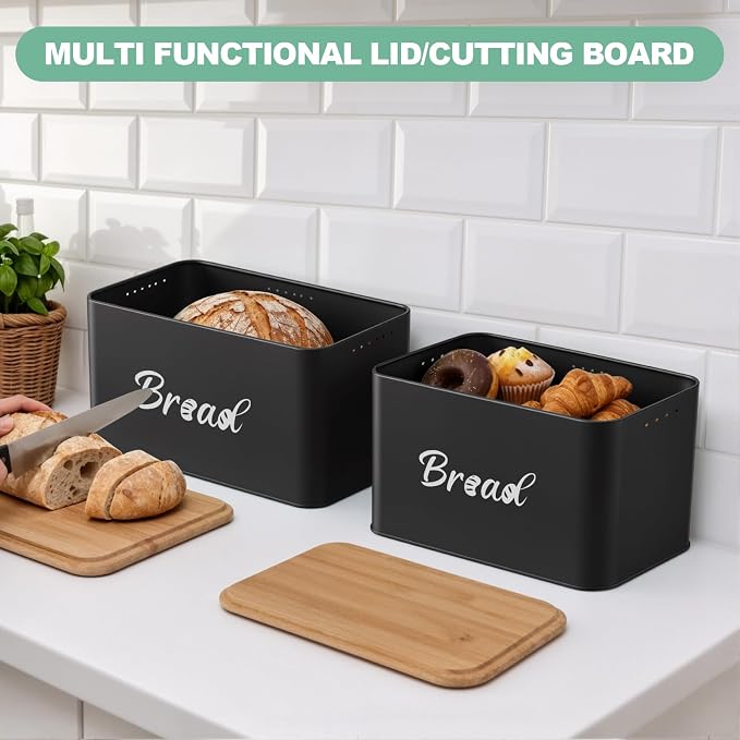 Metal Bread Box Set of 2 with Bamboo Lid, Modern Bread Storage Containers with Air Vents, Bamboo Cutting Board Lid, Farmhouse Kitchen Decor Organizer for Countertop, 2-Size (Large & Small)Black