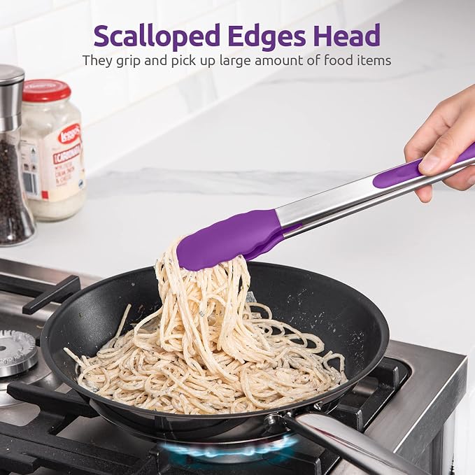 U-Taste Kitchen Tong for Cooking, 600ºF Heat-Resistant Tps, 12in/Purple | Large Tongs for Serving Food, Big Rubber Tong for Grill/BBQ, Silicone Tips & 18/8 Stainless Steel Handle, Smooth Locking