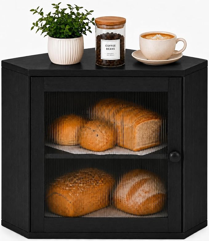 BAMBANG Corner Bread Box for Kitchen Countertop, Large Capacity Bamboo Wood Bread Storage Container, 2 Tier Farmhouse Breadbox with Fluted Acrylic Door for Bread, Homemade Bread and Snacks, Black