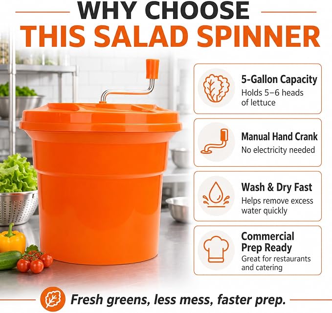 YBSVO 5-Gallon Commercial Salad Spinner Dryer | Heavy Duty Large Lettuce Dryer & Vegetable Washer – Manual Food Prep Spinner for Restaurants & Catering