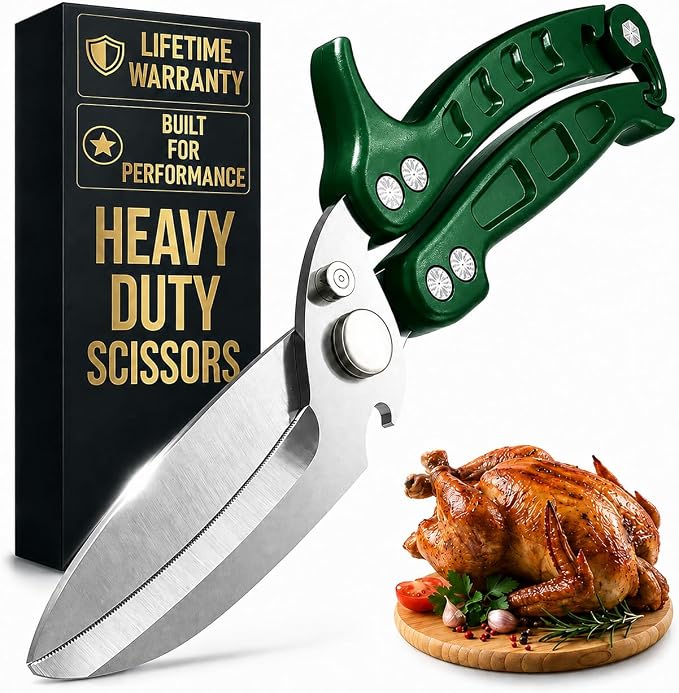 Kitchen Shears Heavy Duty, Safety Lock, Stainless Steel (Green) | Poultry Shears for Chicken, Turkey, Spatchcock, Fish; Bone Cutting Scissors, Micro-Serrated, Spring-Loaded, Separate to Clean