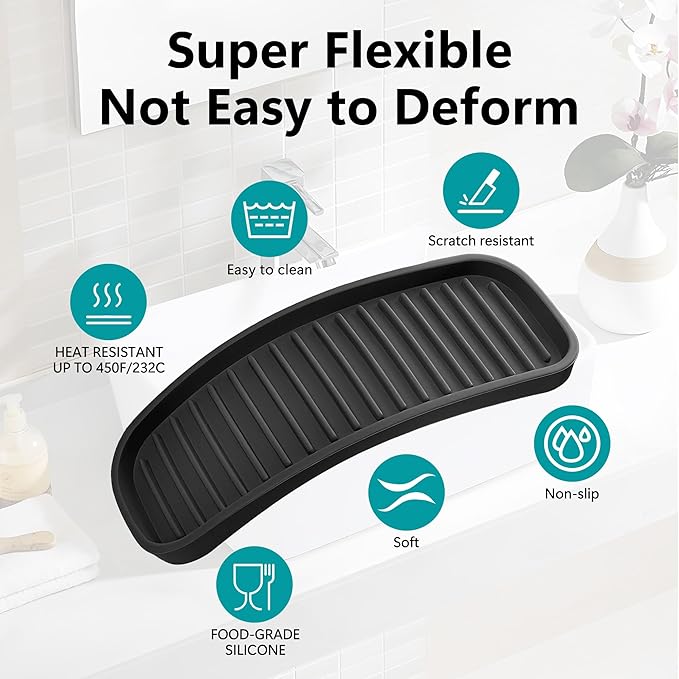Silicone Sponge Holder for Kitchen Sink - Kitchen Soap Tray & Sponge Tray | Silicone soap dish, soap holder, dish sponge holder dish scrubber, soap dispenser tray, kitchen sink organizer, 2 pack black