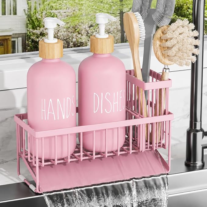 Cisily Kitchen Dish Soap Dispenser Set with 2 Pack 16.9oz Amber Glass Bottle and Sponge Holder, Dish Soap Dispensers with Adjustable Sponge Holder, Vintage Hand and Dish Soap Dispensers Set