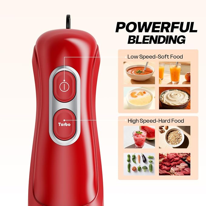 Turelar Immersion Blender Corded 400W, 2 Speed, Emulsifier, Blend, BPA-Free | Hand Blender Stick Mixer, Ergonomic Handle, Stainless Steel Blades, Effortless Blending for Soup, Smoothies, Puree, Baby Food