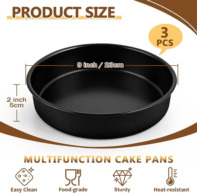 P&P CHEF 9 Inch Cake Pan Set of 3, 3 Pcs Nonstick Round Cake Baking Pans | Stainless Steel Core & Non-stick Coating, Layer Cakes Tin for Cooking, Ideal for Birthday Wedding, Oven & Dishwasher Safe